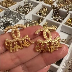 CHANEL Gold Pearl Logo Earrings
